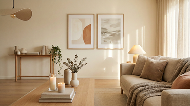Warm neutral living room with candles, books, ceramic vases and framed abstract prints
